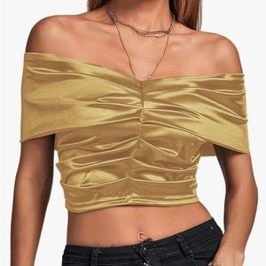 Women's Satin Off Shoulder Sexy Ruched Short Sleeve Slim Fit Blouse Crop Top - M